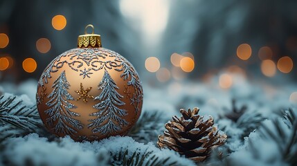 Sparkling pine snowy golden ornament high resolution hd image