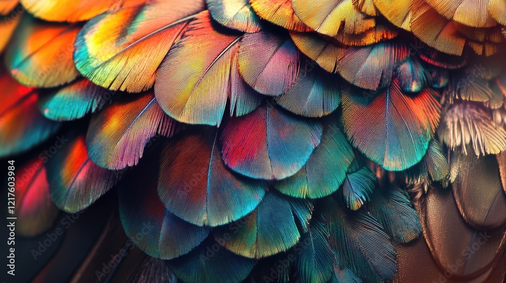 Poster colorful close-up of vibrant bird feathers displaying a range of hues and iridescence with copy spac
