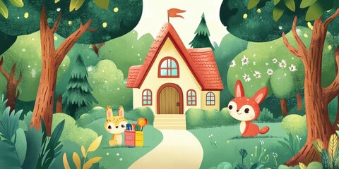 Naklejka premium Woodland Cottage Home With Two Adorable Bunnies