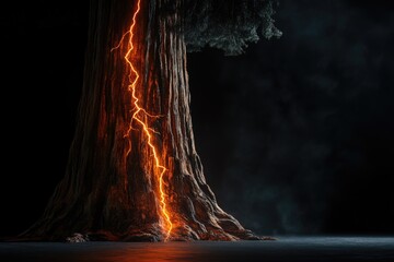 A giant tree, seemingly split by a fiery, glowing crack of energy, stands against a dark, smoky backdrop.