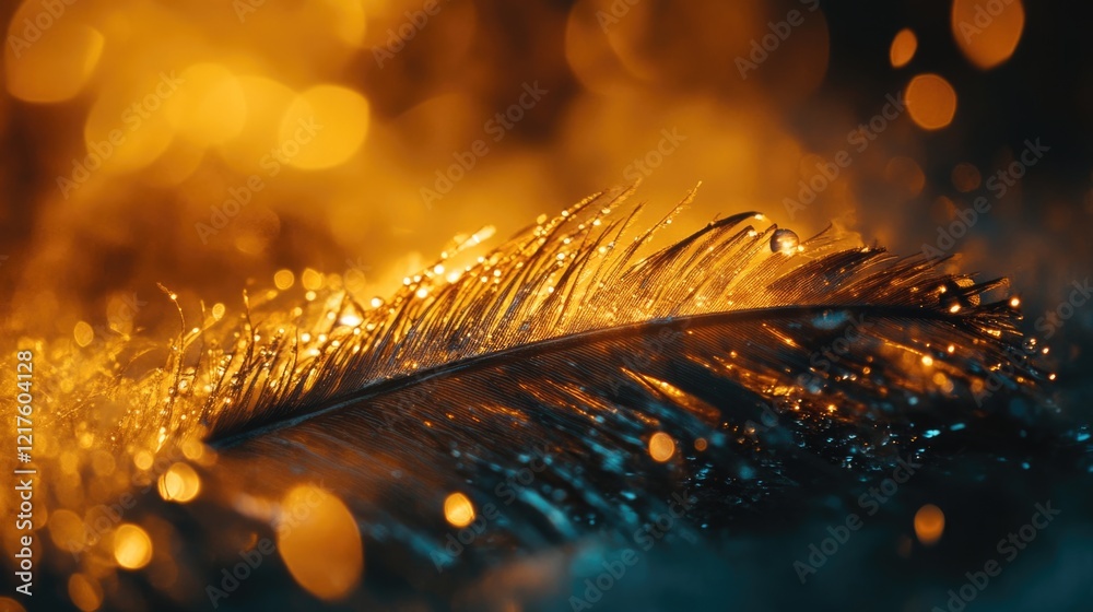 Poster close-up of a wet feather with water droplets and bokeh background in warm golden tones with copy sp