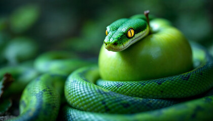 Fototapeta premium Green snake resting on a bright green apple among lush foliage in a tropical setting
