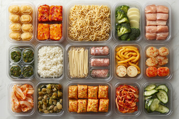 South Korean military ration showcases array of food items including rice cakes kimchi instant noodles and colorful vegetables all arranged neatly.