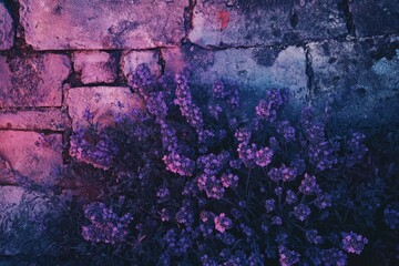 Purple flowers bloom vibrantly against a textured, aged stone wall, creating a stunning contrast.