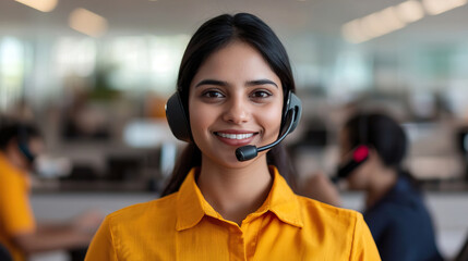 Professional Call Center Agent Wearing Headset in Modern Office, Businesswomen thrive in call centers concept.