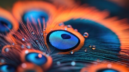Close-up of a peacock feather displaying vibrant blue and orange colors with water droplets on the surface, Copy Space available