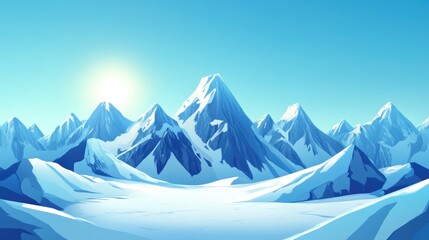 Snowy mountain landscape with peaks under clear blue sky and sun, featuring expansive foreground copy space for text placement