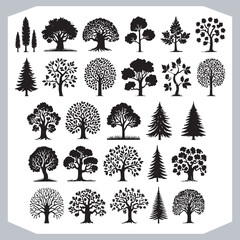 Black Silhouettes of Different Trees Stunning Vector Art Featuring Cedar