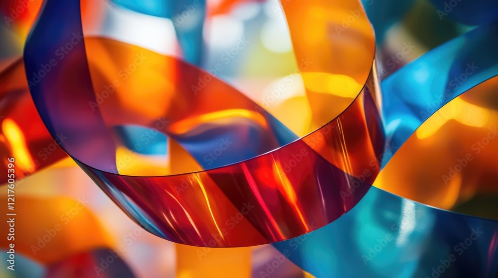 Poster colorful translucent ribbons twisting and overlapping with bright reflections and a soft blurred bac