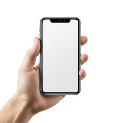 Person holding a mobile phone with a blank screen mockup in a bright setting, Hand holding mobile phone screen mockup, iphone mock up isolated on transparent background
