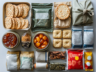 collection displays Ukrainian military ration featuring tinned meat crackers honey dried fruit instant soup tea and energy bars.
