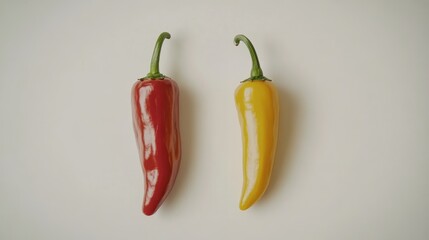 Red and yellow chili peppers on a light background with copy space for text
