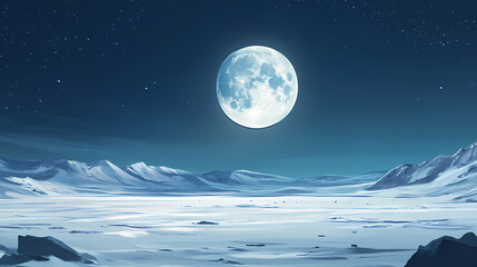Naklejka premium A large moon is in the sky above a vast, empty, snowy plain. Midnight Plains. Illustration