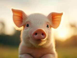 Fototapeta premium A cute, young piglet gazes into the camera against a blurred natural background, capturing a serene moment in the golden light of sunset.