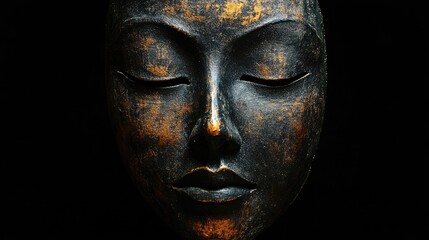 Ancient carved wooden mask with textured surface and dark colors against black background with Copy Space.
