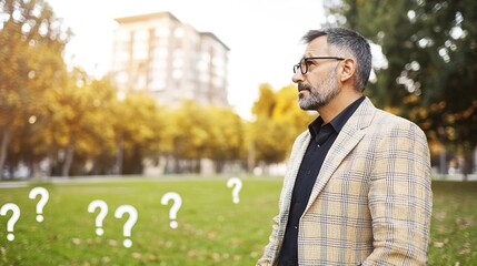 Businessman Contemplating Questions in a Lush Park Setting, How can I improve my strategy concept.
