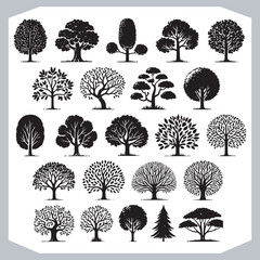 Black Silhouettes of Different Trees Stunning Vector Art Featuring Cedar