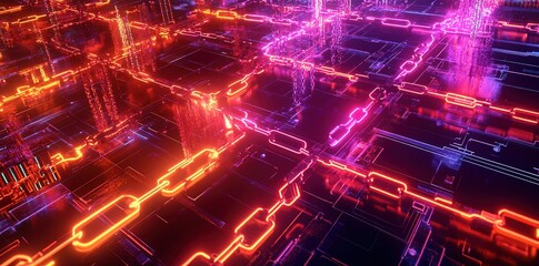 Neon blockchain network glowing in digital cyberspace
