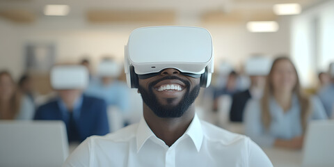 A smiling man wearing a VR headset participates in a virtual reality experience alongside colleagues in a modern office setting.  Innovation and teamwork.