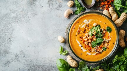 Creamy chickpea soup topped with herbs and peanuts on a textured gray background with copy space for text
