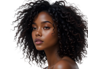 PNG, African american model with curly hair seen fully isolated on transparent background