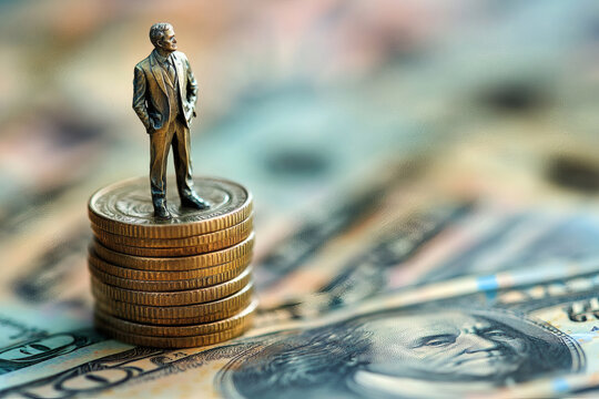 Oligarchy concept, a figure of a billionaire standing on top of coins and American dollars