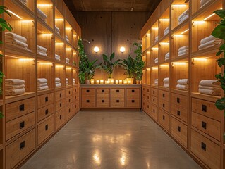 Serene locker room designed for yoga studio features bamboo lockers and open cubbies. Decorative candles and plants enhance calming ambiance warm lighting.