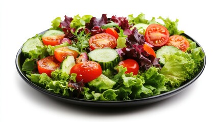 Fresh garden salad with lettuce, cherry tomatoes, cucumber slices, and herbs on a black plate isolated on a white background Copy Space