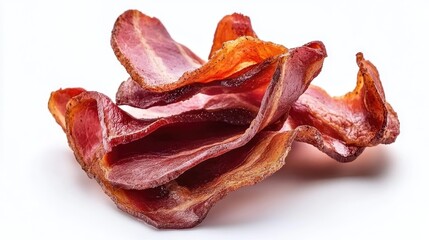 Obraz premium Crispy bacon chips stacked on white background with Copy Space for design elements