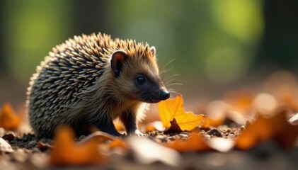 Naklejka premium Forest floor carpeted with leaves and twigs under a hedgehog's watchful gaze, camouflage, hedgehog
