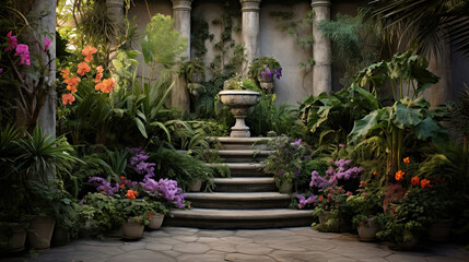 Naklejka premium Enchanted Garden Stairway with Lush Plants