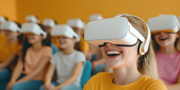 Joyful children immersed in a shared virtual reality experience, their smiles reflecting the excitement of the technology. - Powered by Adobe