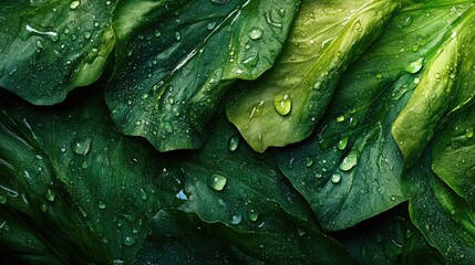 Fresh green leaves with water droplets macro texture background Copy Space