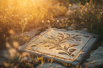 Ancient mosaic stone with a floral design, bathed in golden sunlight amidst wildflowers.