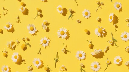 Obraz premium Yellow floral pattern with daisies and yellow flowers on a vibrant yellow background Copy Space