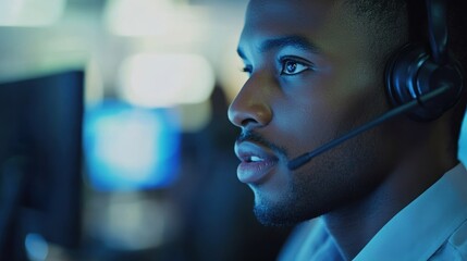A closeup of a customer service representative in a call center efficiently addressing client needs emphasizing shorter response times within a local supply chain framework.
