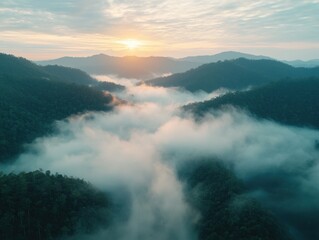 Obraz premium A breathtaking sunrise illuminates misty mountains, creating a serene and tranquil landscape filled with lush greenery and soft clouds.