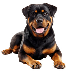 A friendly Rottweiler dog lying on a transparent background showcasing its distinctive coat and playful demeanor, Rottweiler dog isolated on transparent background