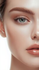 Half face of young caucasian woman showing perfect skin and makeup