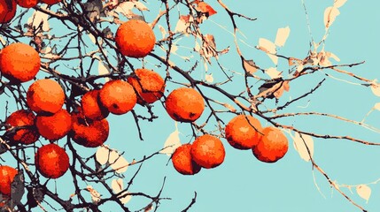 Bright orange citrus fruits hanging on bare branches against a light blue background with copy space for text.