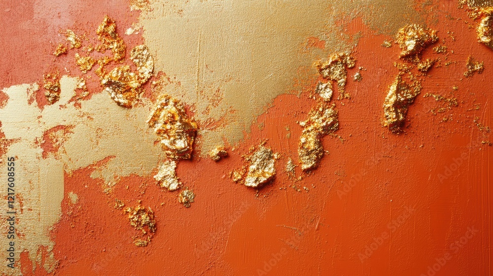 Poster abstract textured background with gold leaf on distressed red and orange surface featuring intricate
