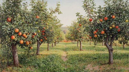 Apple orchard with ripe and unripe fruits on trees surrounded by green grass and open landscape Copy Space