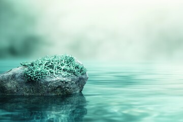 Serene aqua landscape featuring a moss-covered rock in calm water, misty background.