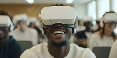 A diverse group of students smiles while using virtual reality headsets in a classroom setting.  Engaging in immersive learning experiences.