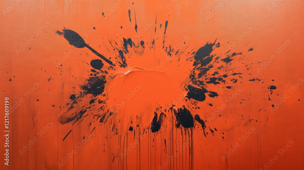 Poster abstract orange background with black paint splatter and drips creating a dynamic visual effect with