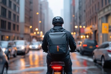 Rear view of a cyclist wearing a helmet and backpack on a wet city street during dusk. urban transportation and delivery concepts