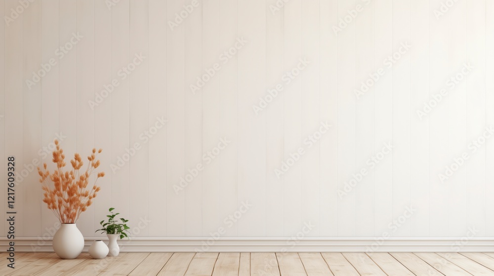 Leinwandbilder a white room with a vase of flowers on a table and a vase on the floor. the room is empty and has a 