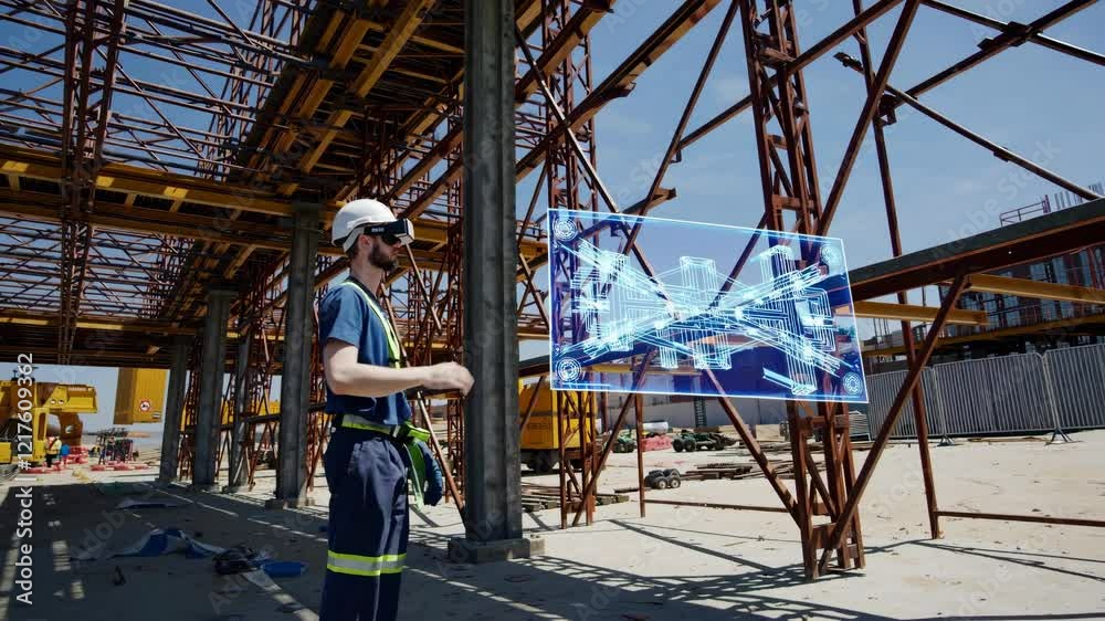 Poster construction worker uses augmented reality to visualize building plans on job site