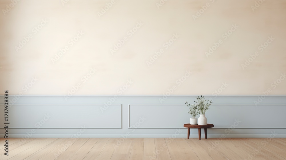 Aufkleber A white wall with a wooden shelf and a vase of flowers on it. The room is empty and has a minimalist feel. AI generated.