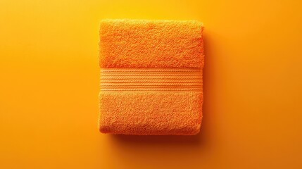 Obraz premium Orange bath towel on a bright yellow background with copy space for text placement. Soft and fluffy texture visible.